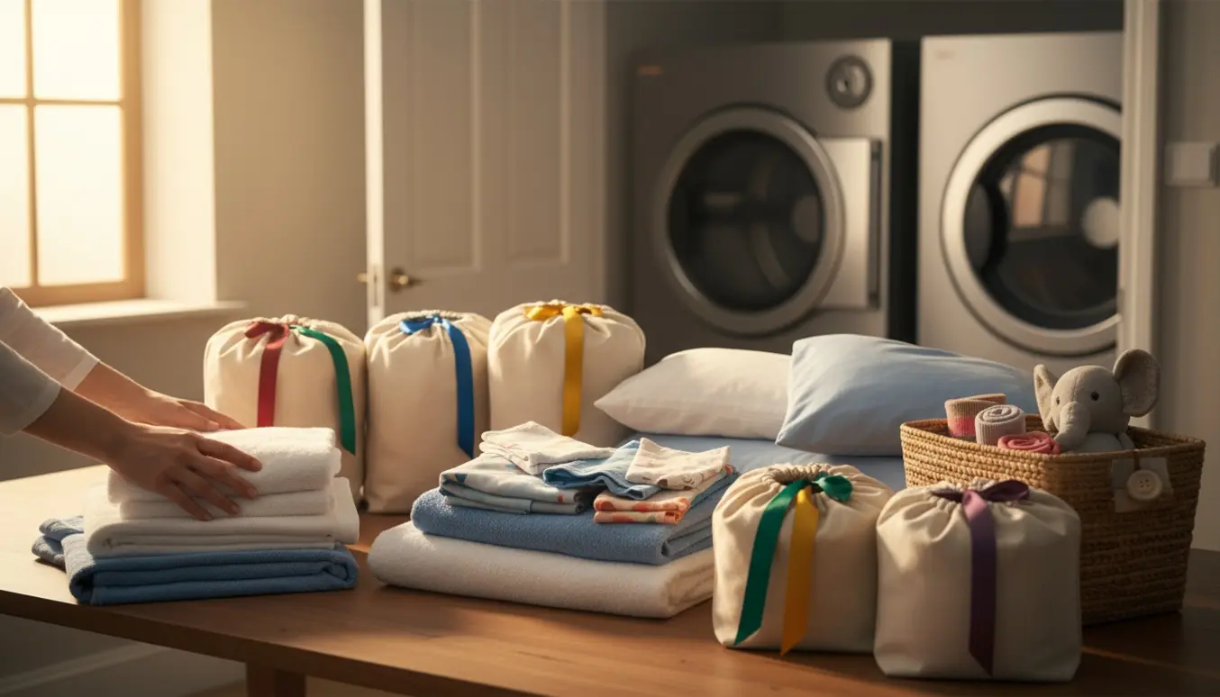 Hænder folder nyvasket vasketøj ved vindueslys med flere stofposer klar til afhentning.