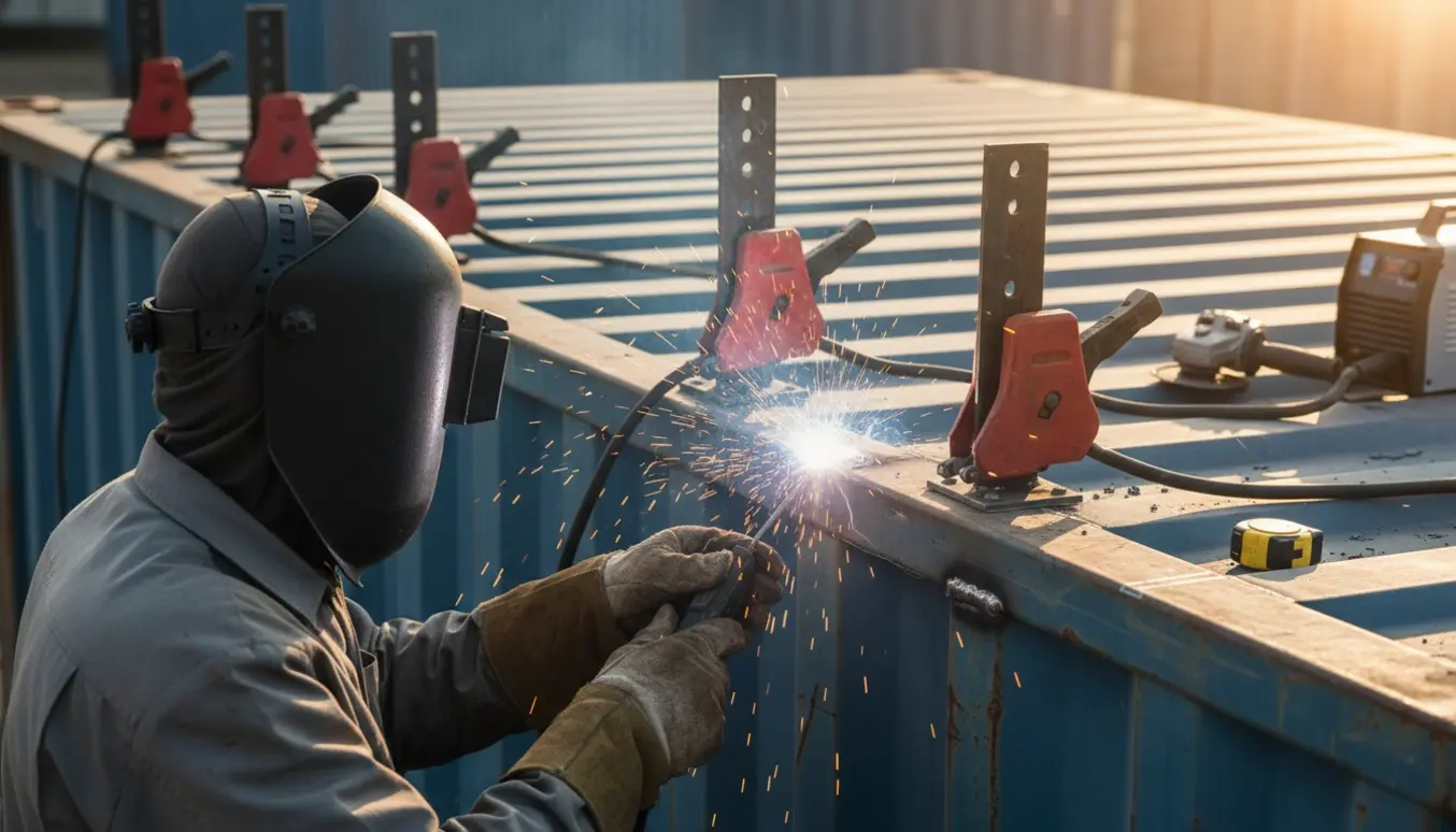 Svejsning af jernstænger med fodplader på et container-tag, en svejser arbejder med hjelm og gnister.