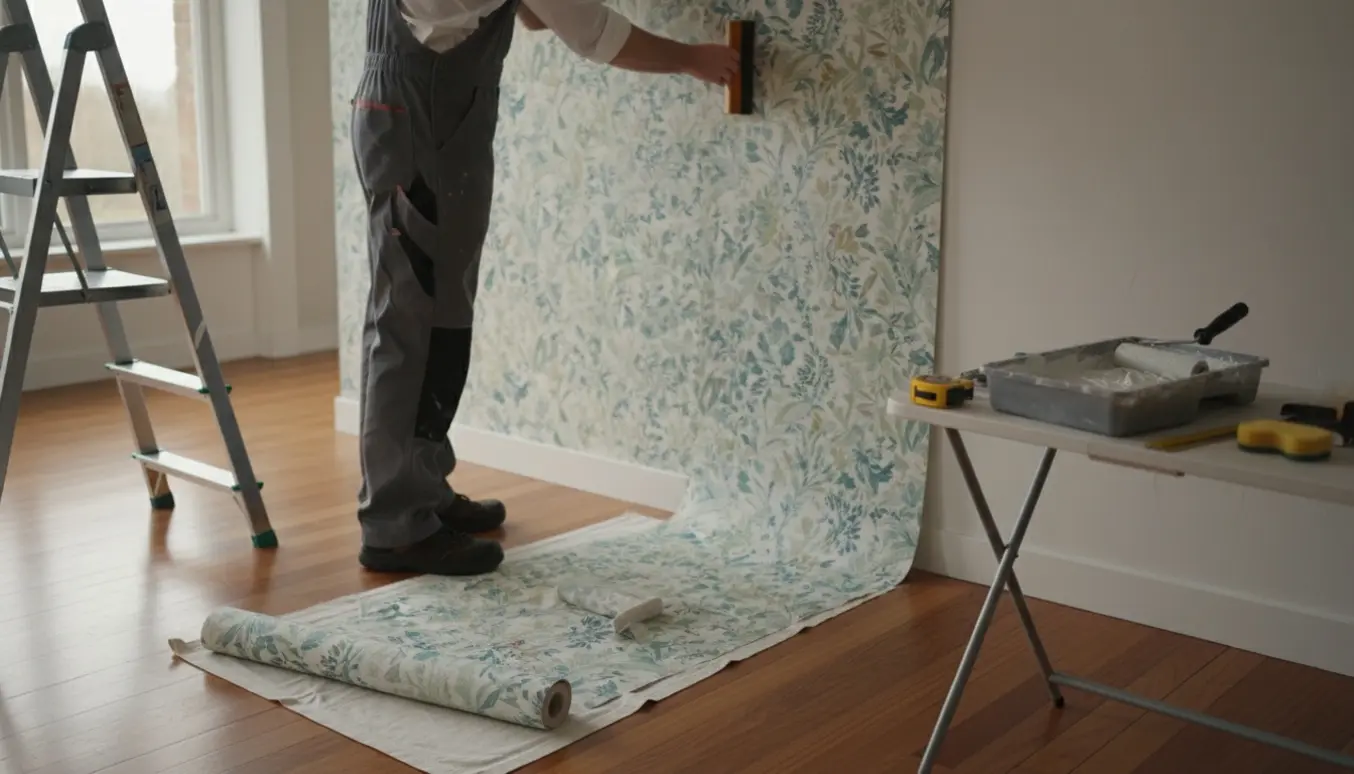 Person opsætter mønstret tapet på én lang væg med stige, tapetklæber og værktøj synligt.