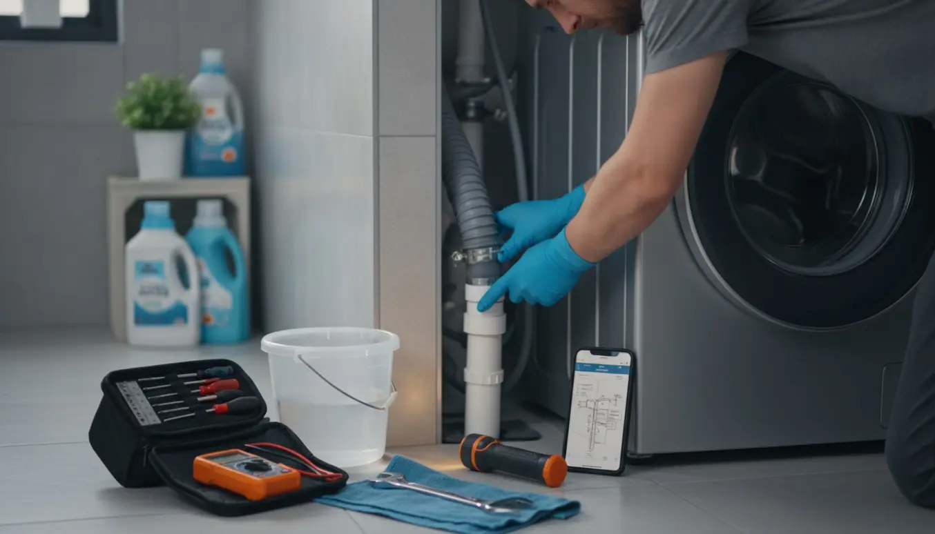 Hænder inspicerer afløbsslangen bag en vaskemaskine med værktøj og lommelygte ved siden af.