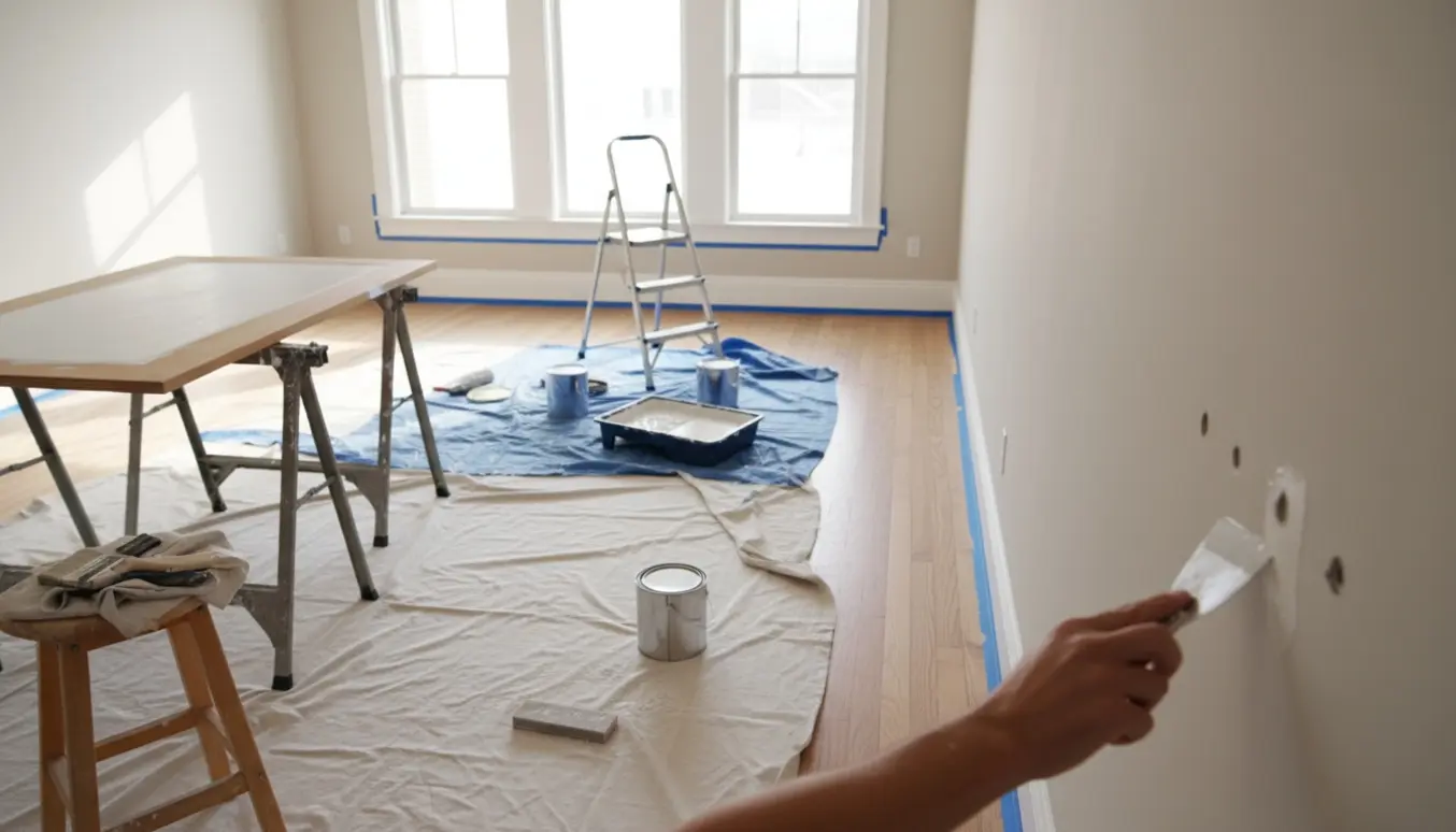 Hænder, der spartler borehuller og forbereder vægge til maling i et lyst, tomt rum.