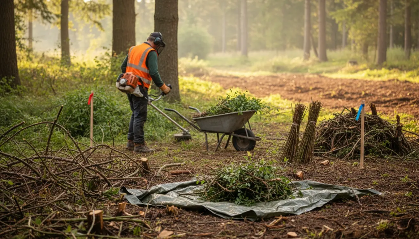 Rydning af brombærkrat ved skovkant med buskrydder, trillebør og bunke af afskårne grene.
