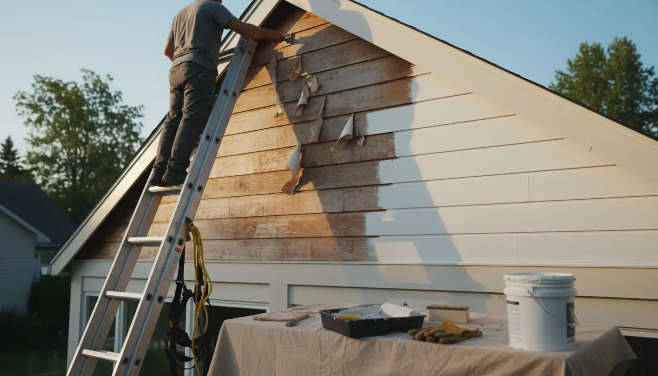 En person skraber gammel maling af husets gavl ved en stige, med en frisk hvid malerstribe og udstyr på en afdækningsdug.