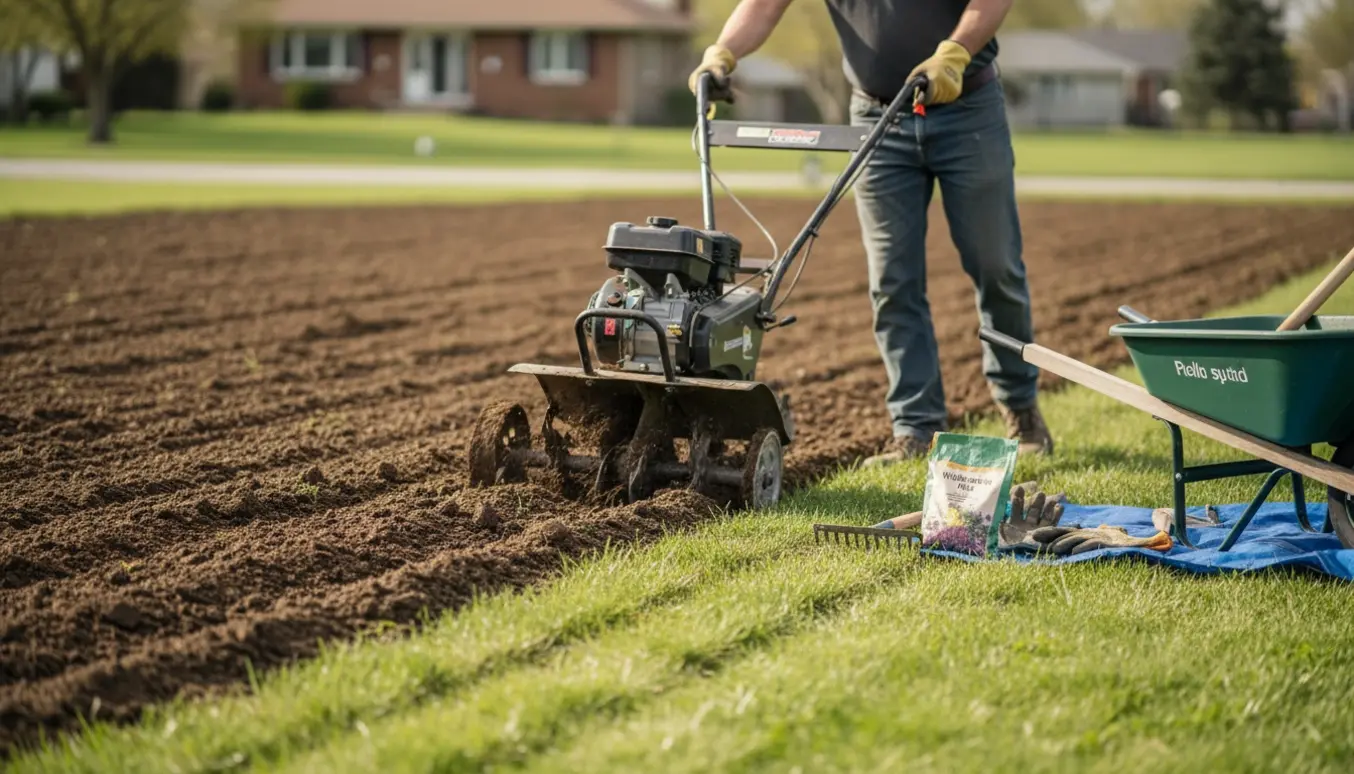 En havefræser vender græsjord i en baghave på en solrig dag, klar til såning af blomster og græs.