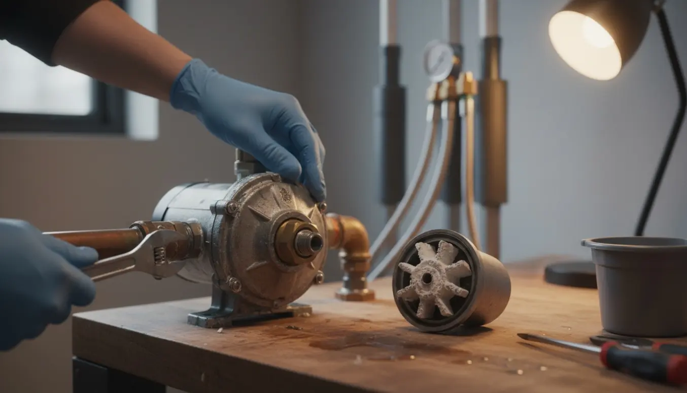 En tekniker med handsker arbejder på en fastkørt cirkulationspumpe ved kobberrør i et bryggers.