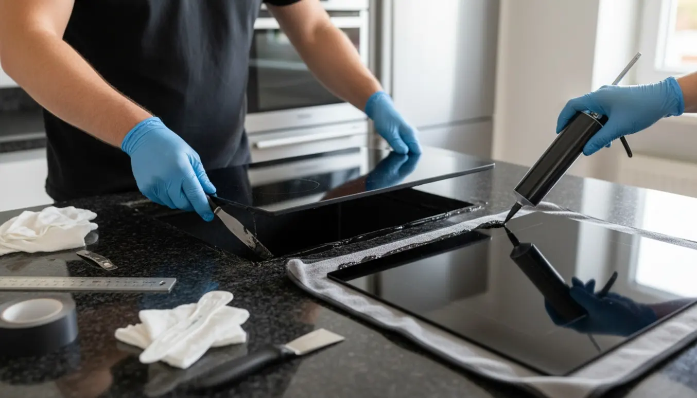 Nærbillede af afmontering og genmontering af planlimet kogeplade i mørk granit med sort fuge.