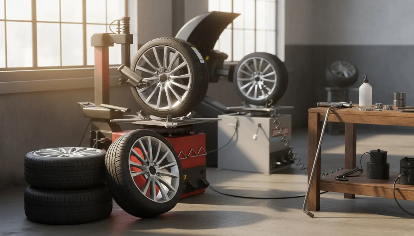 Mekaniker med handsker monterer og afbalancerer et dæk i et lyst autoværksted.