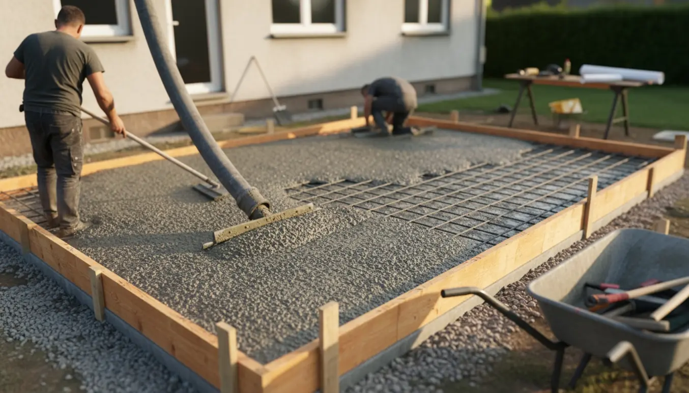 Udendørs byggeplads med udstøbning af fundament til en mindre tilbygning, våd beton og armering ved siden af huset.