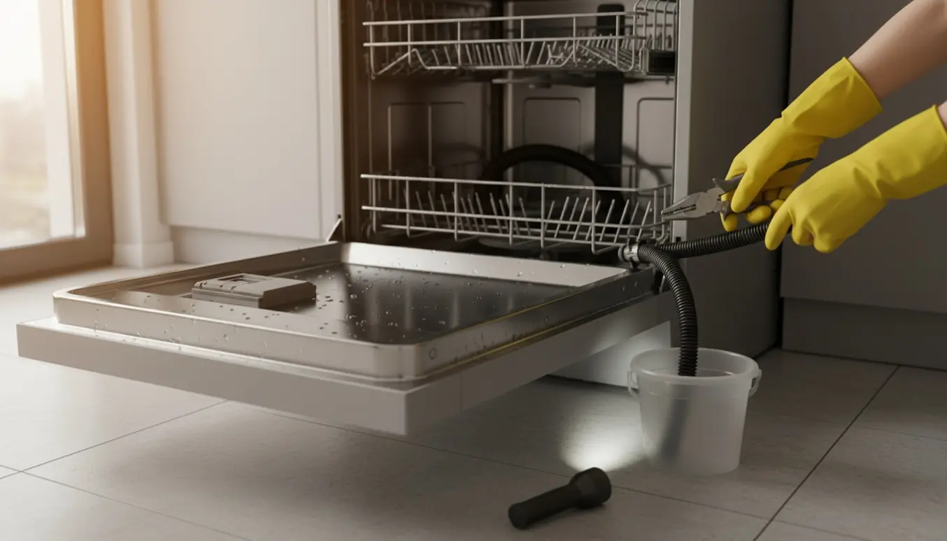 Åben moderne opvaskemaskine med vand i bunden, afløbsslange delvist løsnet og hænder i gummihandsker ved hjælp af tænger.