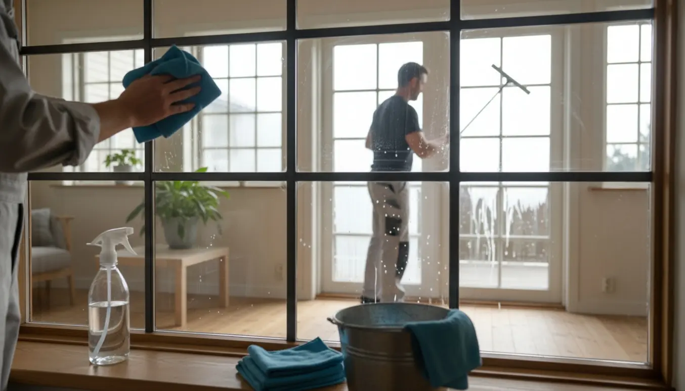 Indendørs polering og udendørs vask af termovinduer og franske døre med klud og vinduesskraber.