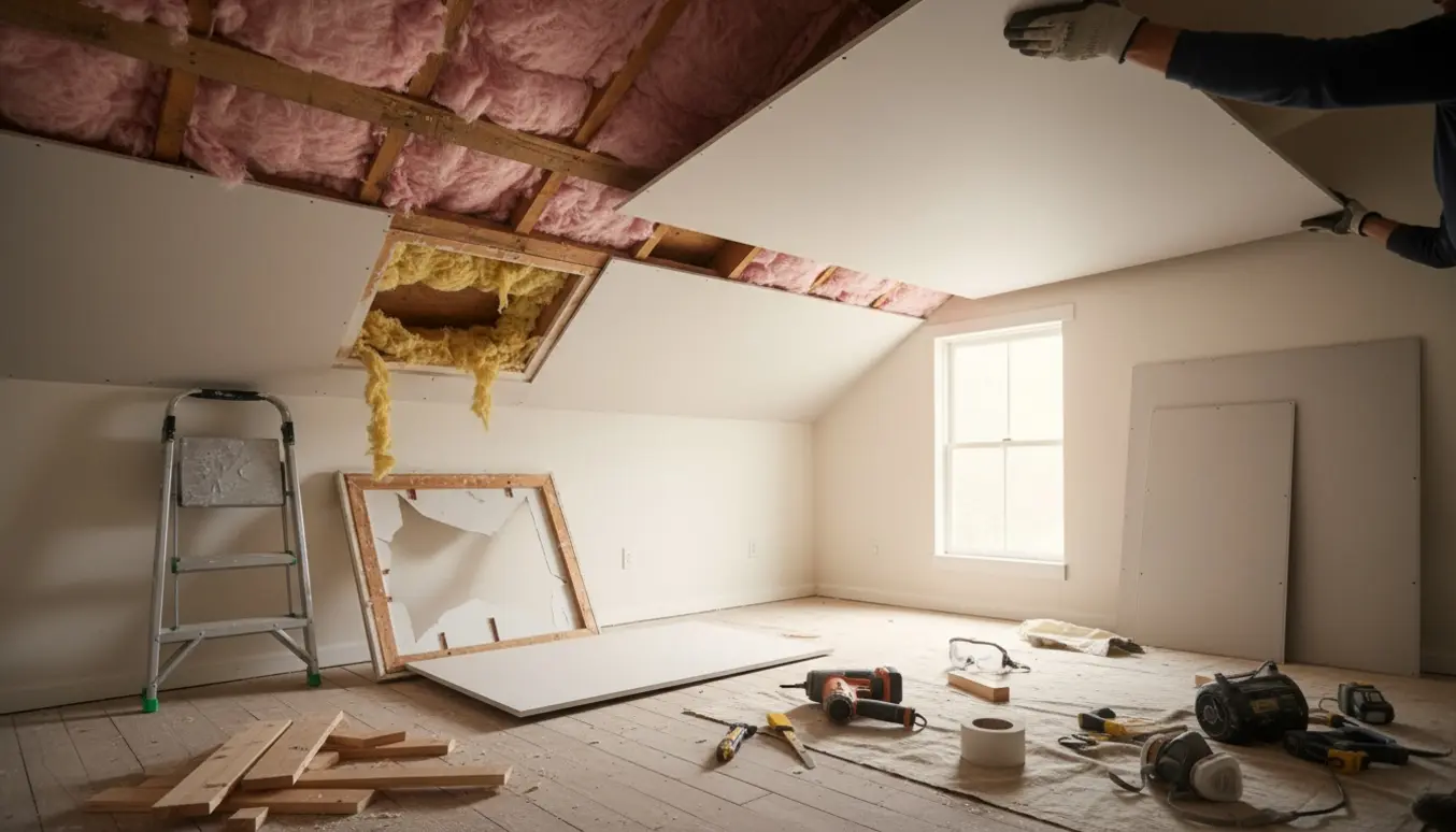 Nærbillede af udskiftning af loft med nyt gipsplade, synlig isolering og en åben loftlem.