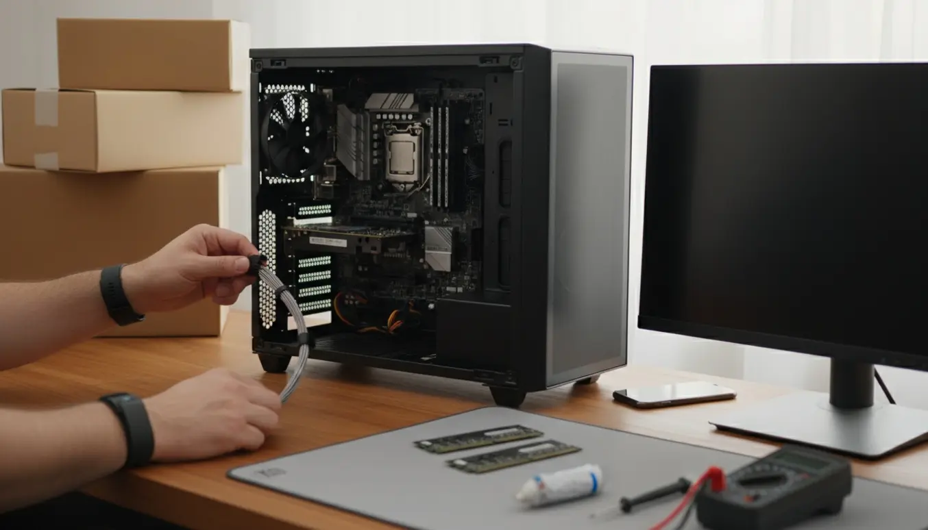 Åben pc på skrivebord med nye komponenter og hænder, der fejlfinder kabler foran en sort skærm.