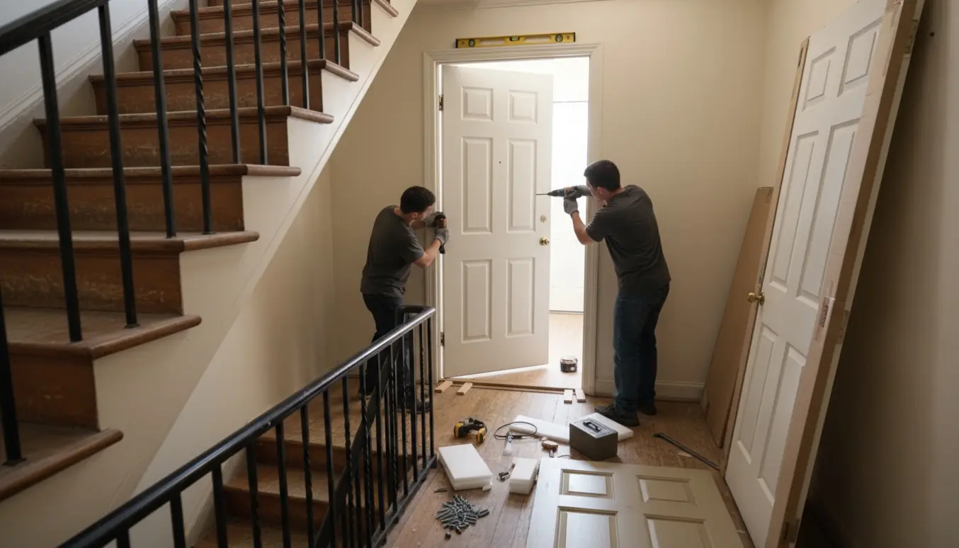 En ny lejlighedsdør monteres på 2. sal i opgangen, håndværkere arbejder med boremaskine og værktøj.