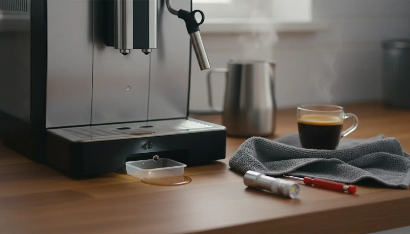 Nærbillede af en moderne espressomaskine med et lille vanddryp fra bunden og værktøj og en kop espresso på køkkenbordet.