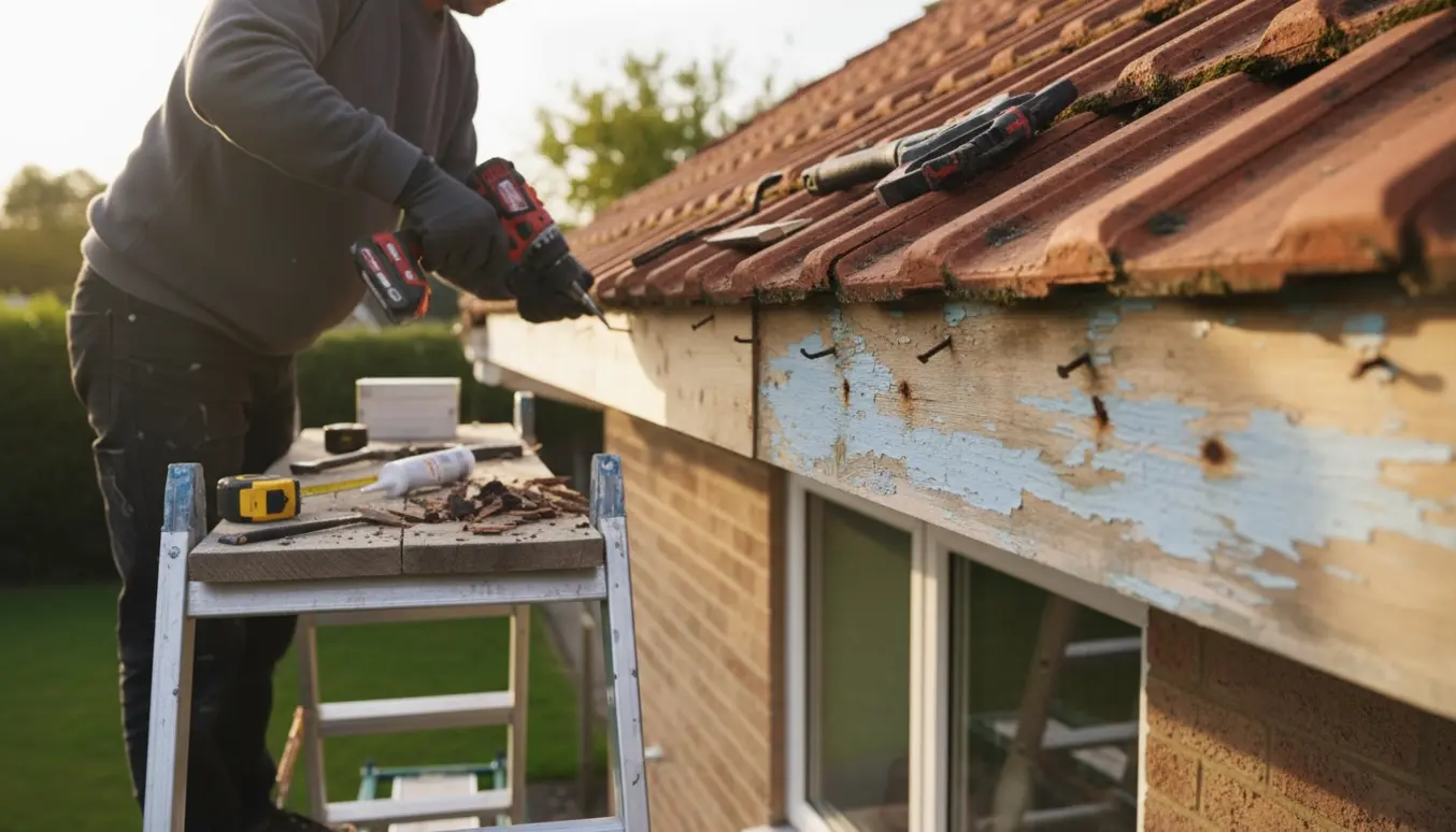 Hænder monterer en ny trævindskede langs tagkanten, mens rådne brædder fjernes.
