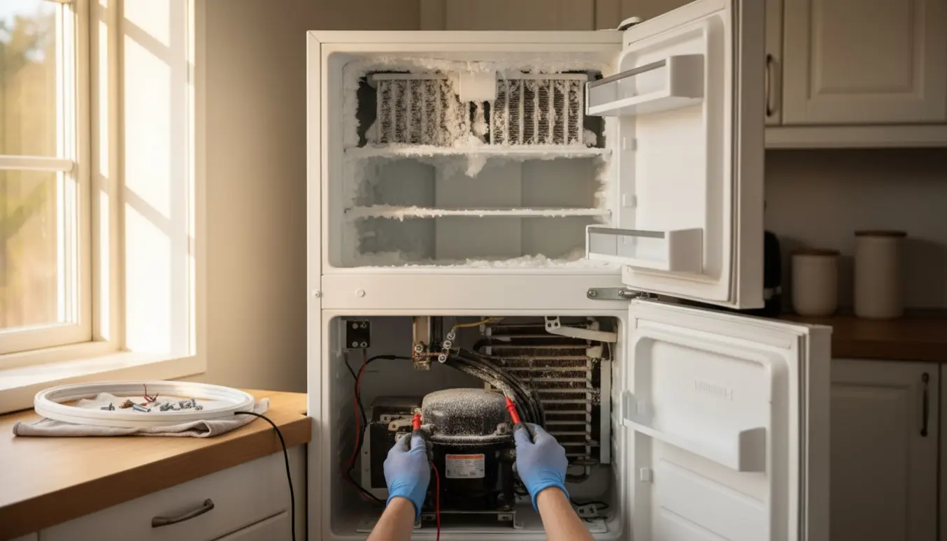 Tekniker med handsker arbejder på et åbent køle-fryseskab med værktøj og synlig frost i fryseren.