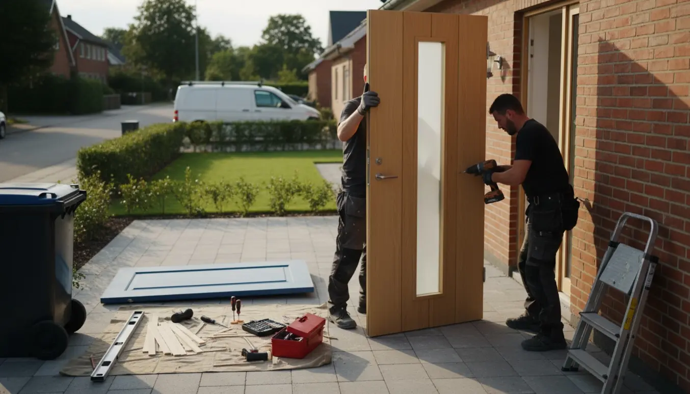 Nye hoveddør monteres uden ansigter synlige, med værktøj og gammel dør klar til bortskaffelse.