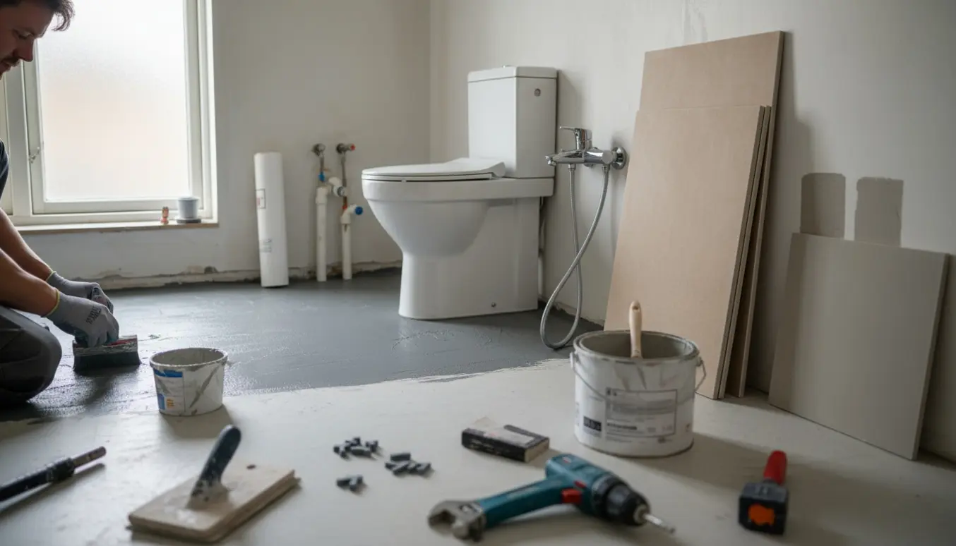 Lille københavnsk badeværelse under renovering med vådrumsmembran, nyt kompakt toilet med vask på toppen og byggematerialer.