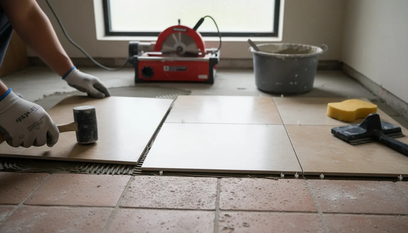 Lille badeværelse under udlægning af store kvadratiske gulvklinker med værktøj og håndværkerhænder.