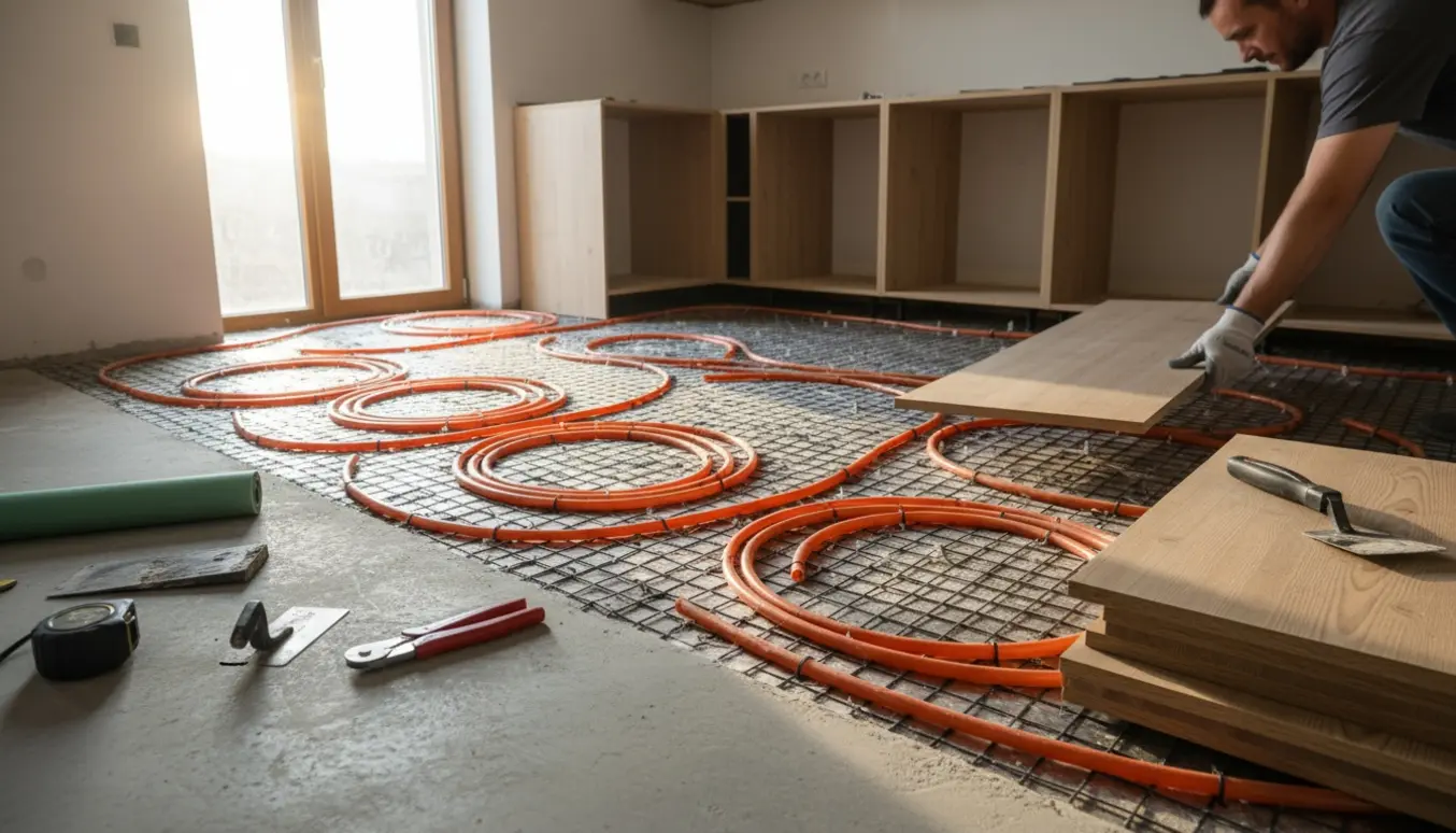 Nærbillede af gulvvarme installeret direkte på betongulv i et køkken med nye trægulvsplanker klar til montering.