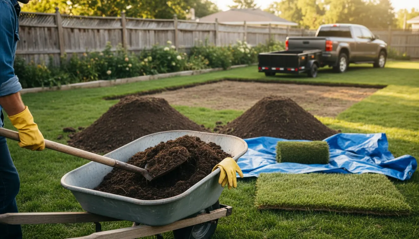 Arbejdshandsker og skovl ved en trillebør fyldt med opgravet jord ved en græsplæne klar til bortskaffelse.