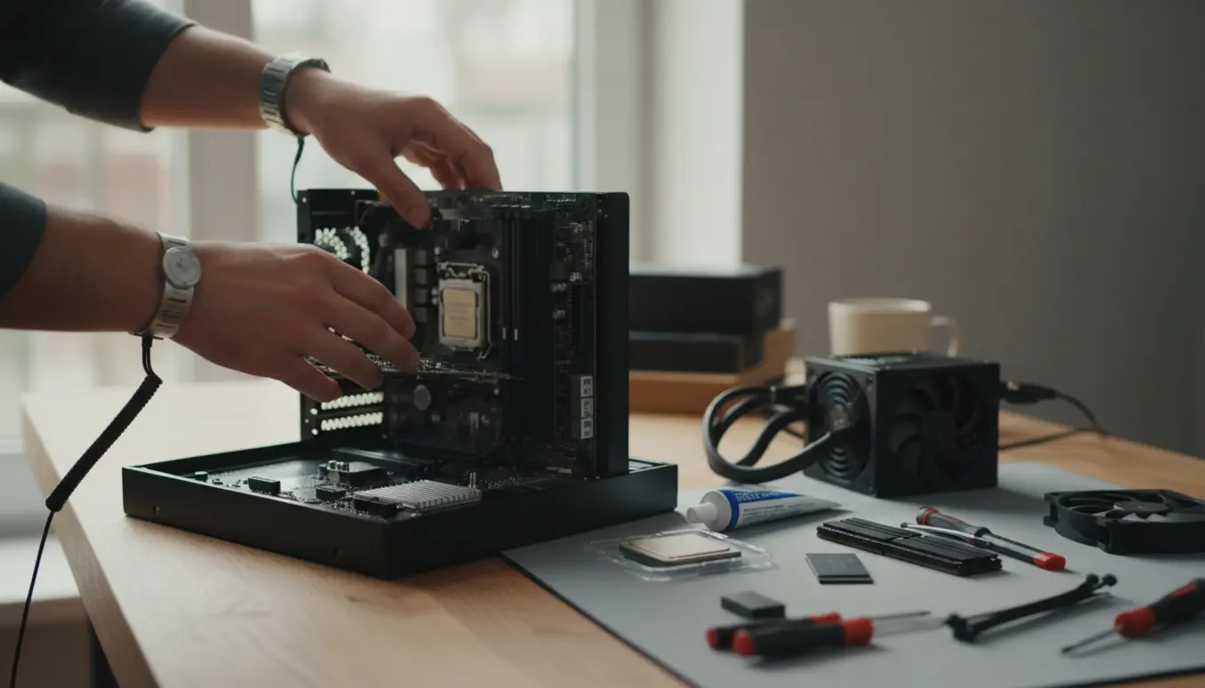 Nærbillede af hænder med antistatisk rem, der monterer et bundkort i et åbent pc-kabinet på et ryddeligt arbejdsbord i blødt naturligt lys.