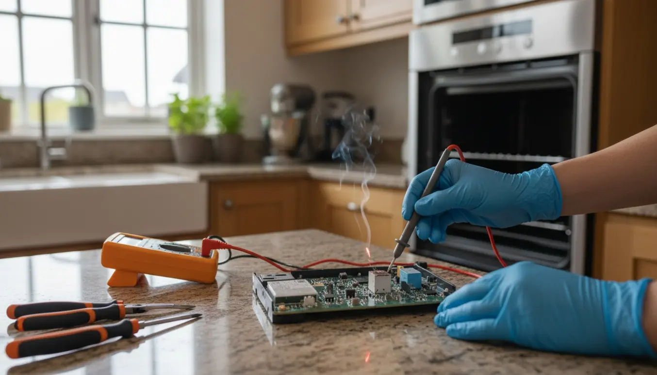 Nærbillede af en åben elektrisk ovn med beskadiget relæ, beskyttelseshandsker og multimeter, hvor et rødt gnistglimt fanges.