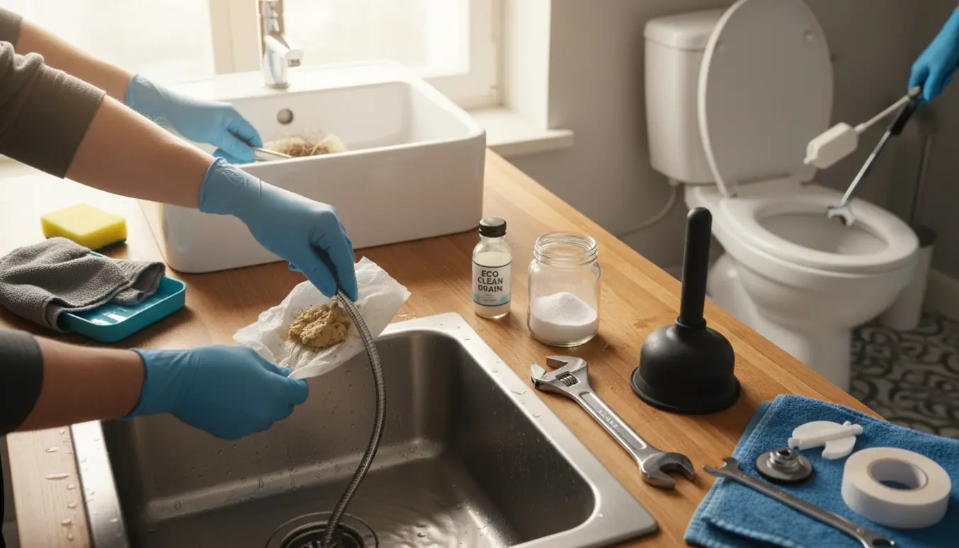 Handskerede hænder renser køkken- og håndvaskafløb og justerer en åben toiletcisterne med værktøj.