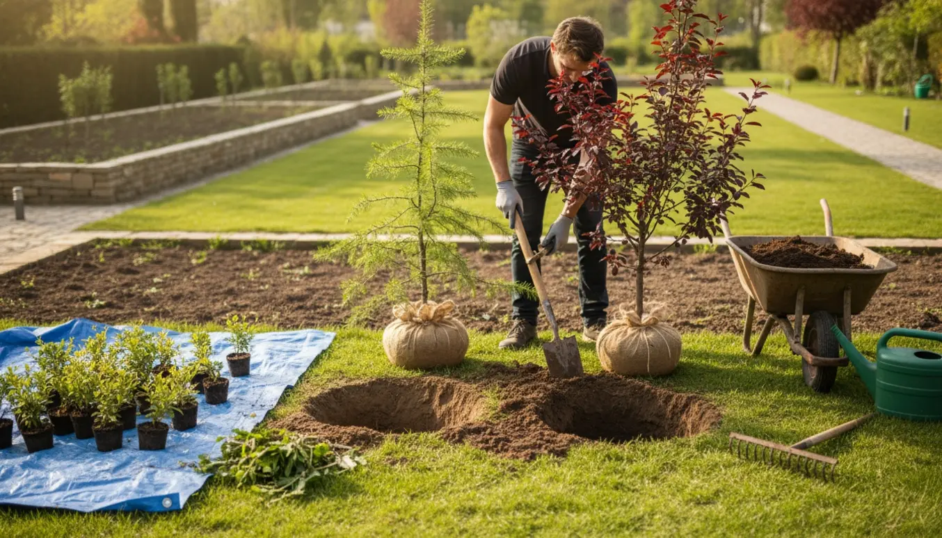 To små træer og bunddækkeplanter graves op og plantes om i en solrig have.