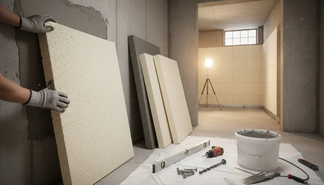 Glove-klædte hænder monterer isoleringsplade i en kælder med værktøj og stak plader i baggrunden.