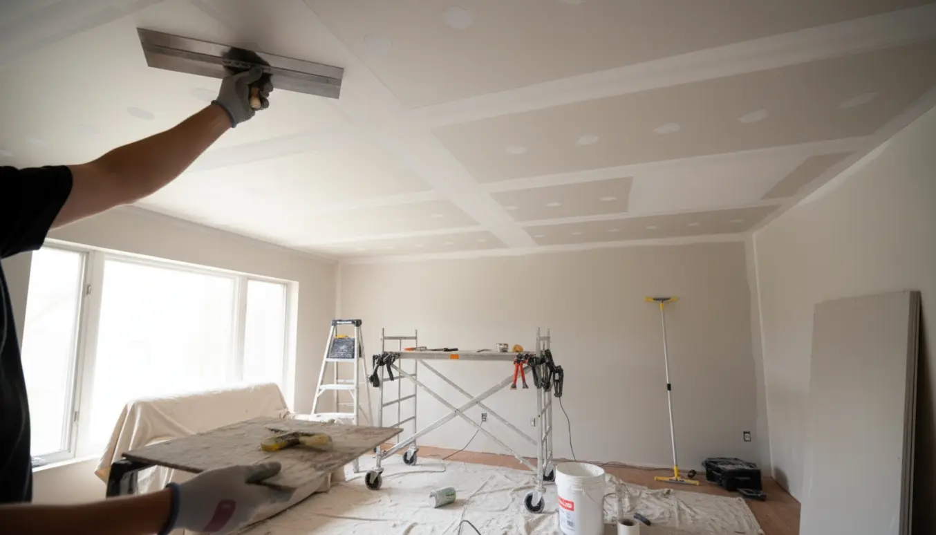 En håndværker spartler et gipsloft med paletkniv og spande spartelmasse mens gulvet er dækket af beskyttelse.