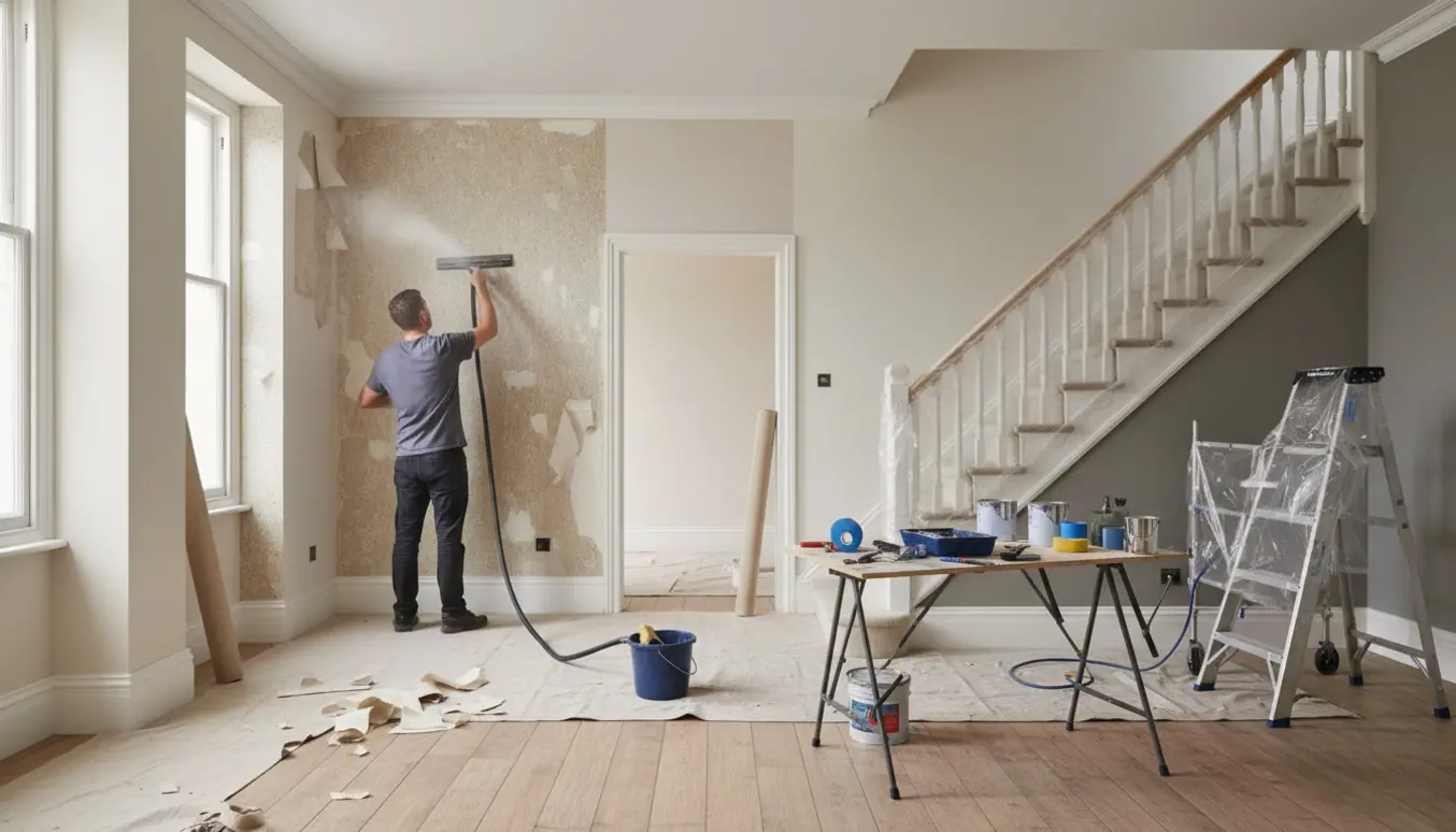 Håndværker fjerner savsmuldstapet og forbereder væv og maling i flere rum og en trappe.