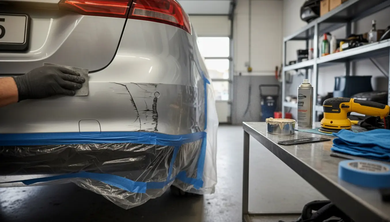 Nærbillede af en tekniker, der sliber og klargør en ridset bagkofanger i et lyst garageværksted.