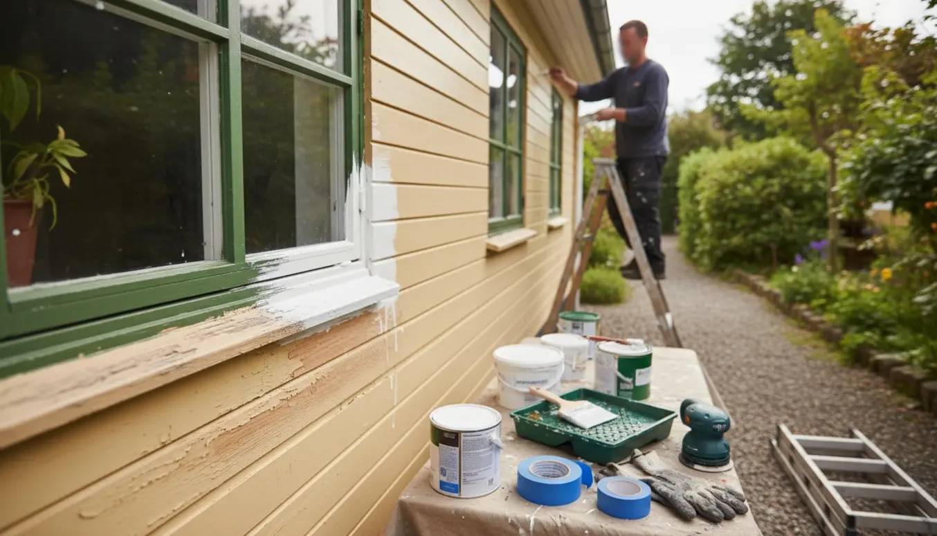 En maler på stige maler vinduesrammer og tagudhæng på et kolonihavehus med værktøj og afdækningsdug.