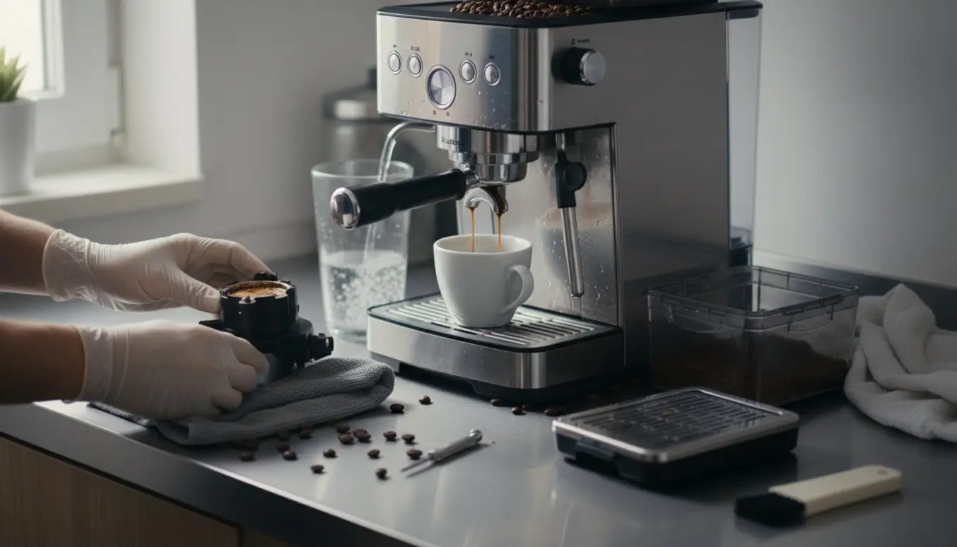 Nærbillede af en automatisk espressomaskine med aftaget bryggruppe og en svag stråle espresso i en kop, mens varmt vand løber fint.