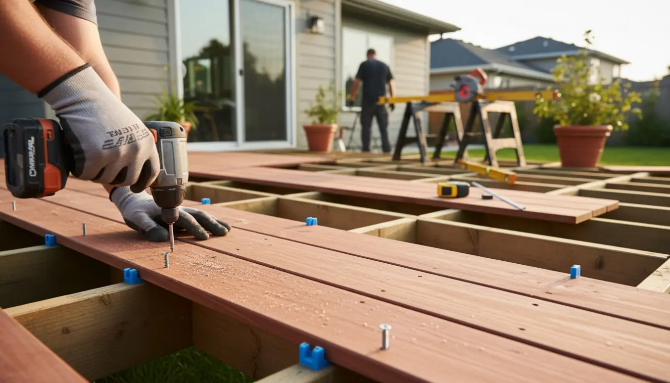 Delvist færdig træterrasse under montering med træplanker, værktøj og håndværkerhænder i en solrig baghave.