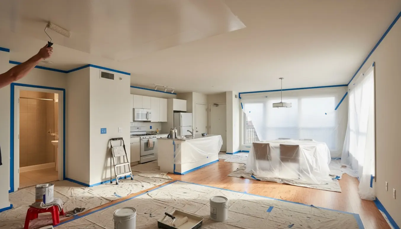 Interiørfoto af et hjem klar til maling med malerrulle, afdækningsplast og malerbøtter.