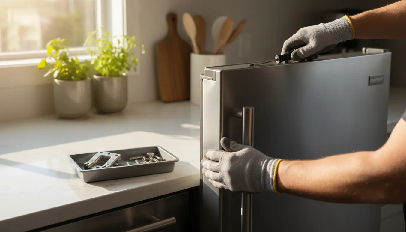 Hænder løfter en løs køleskabslåge for at justere hængslet i et lyst, moderne køkken.