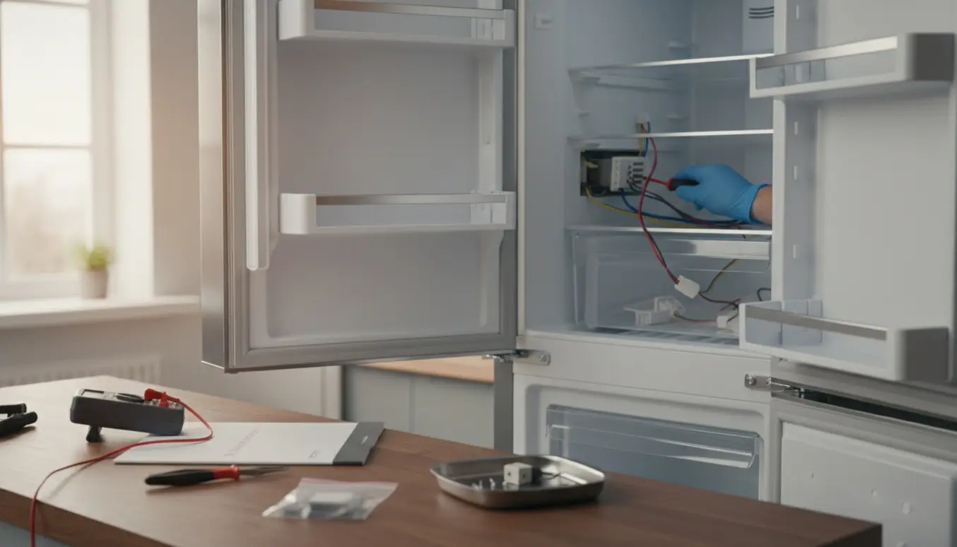 Tekniker skifter termostat i et åbent rustfrit køleskab med værktøj på køkkenbordet.
