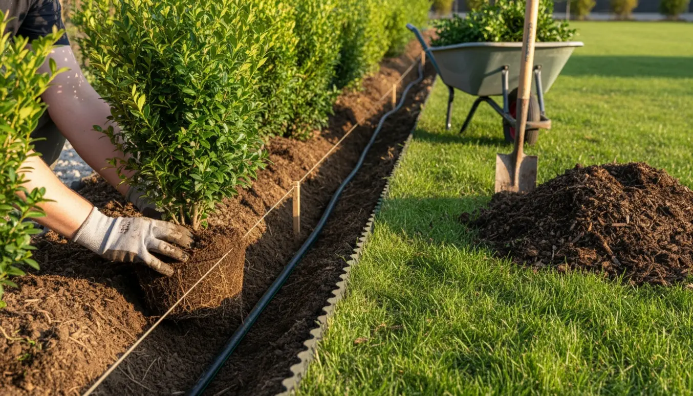 Plantning af ny hæk langs en nylagt græskant med siveslange og haveredskaber.