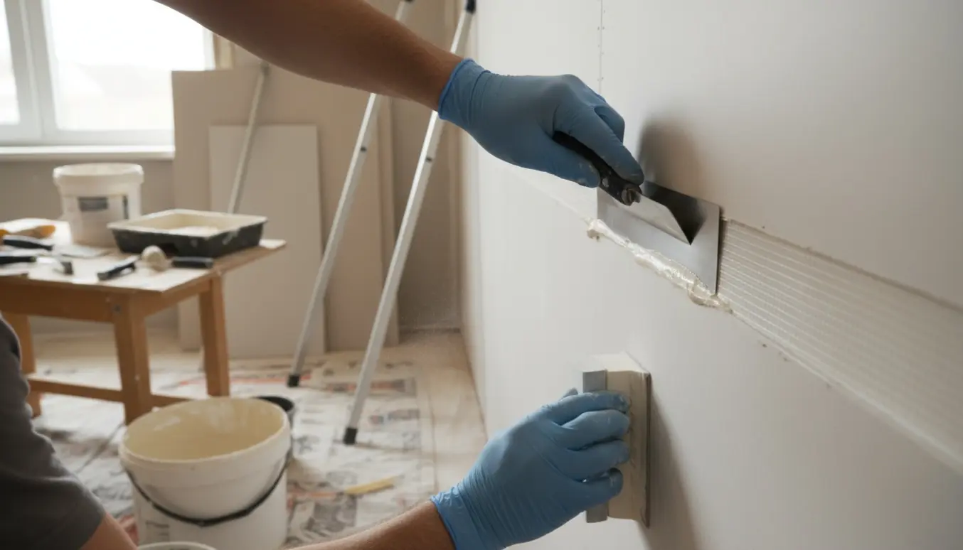 Hænder spartler og sliber en ny fibergipsvæg med glasvævet tape og malerudstyr.