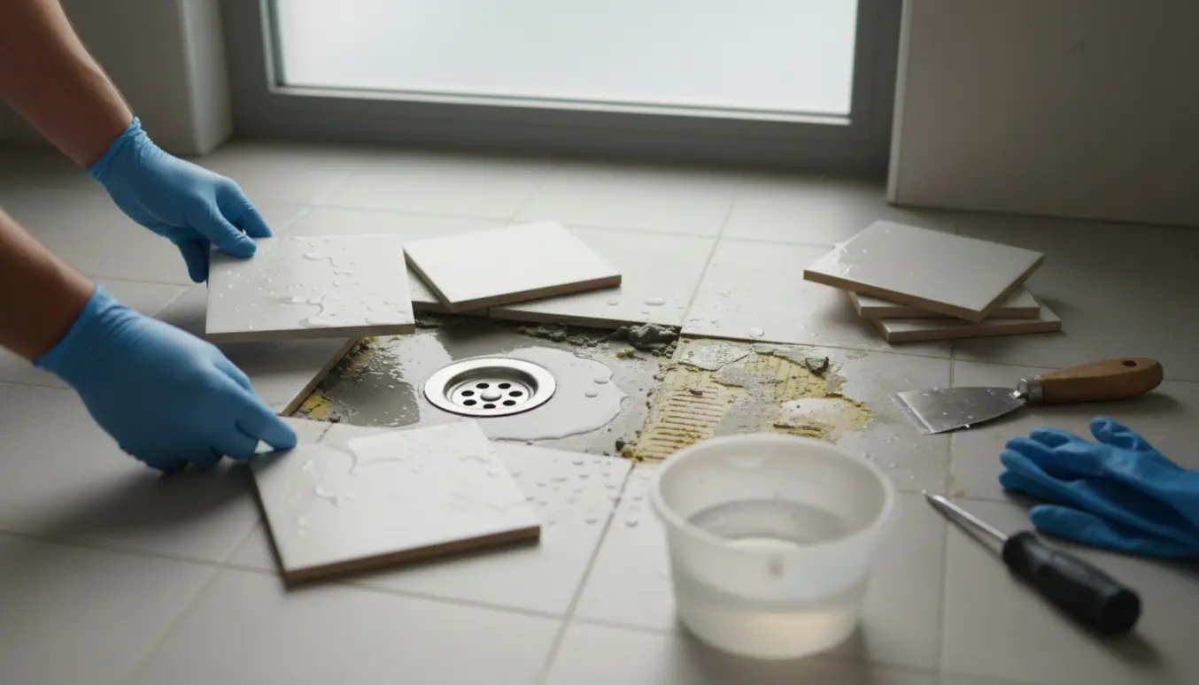 Løse fliser omkring et utæt bruseafløb i et badeværelse med værktøj og en lille vandpyt.