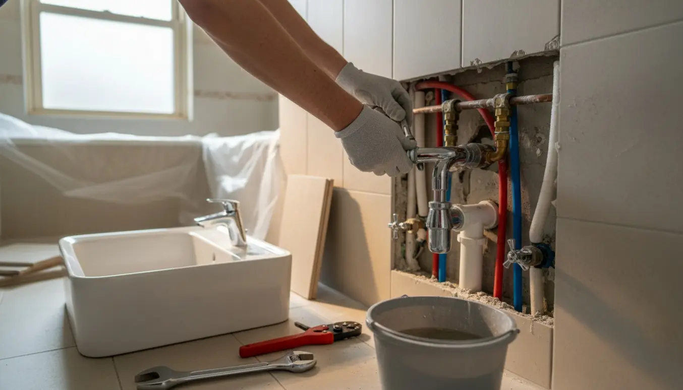 Hænder fra en VVS-montør flytter en håndvask og genopretter indvendige rør i et badeværelse.