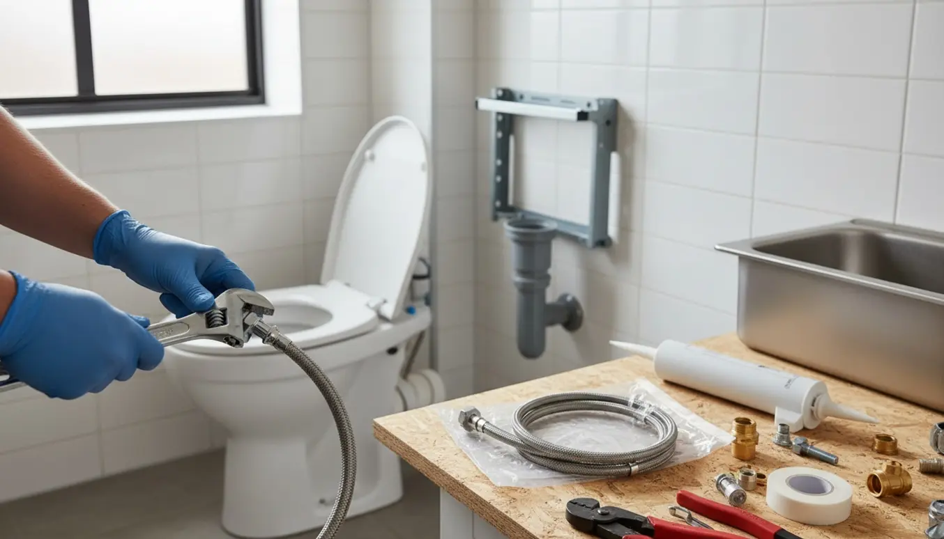 Håndværkerhænder monterer et krom Y-stykke og installationsslanger i et badeværelse under VVS-renovering.