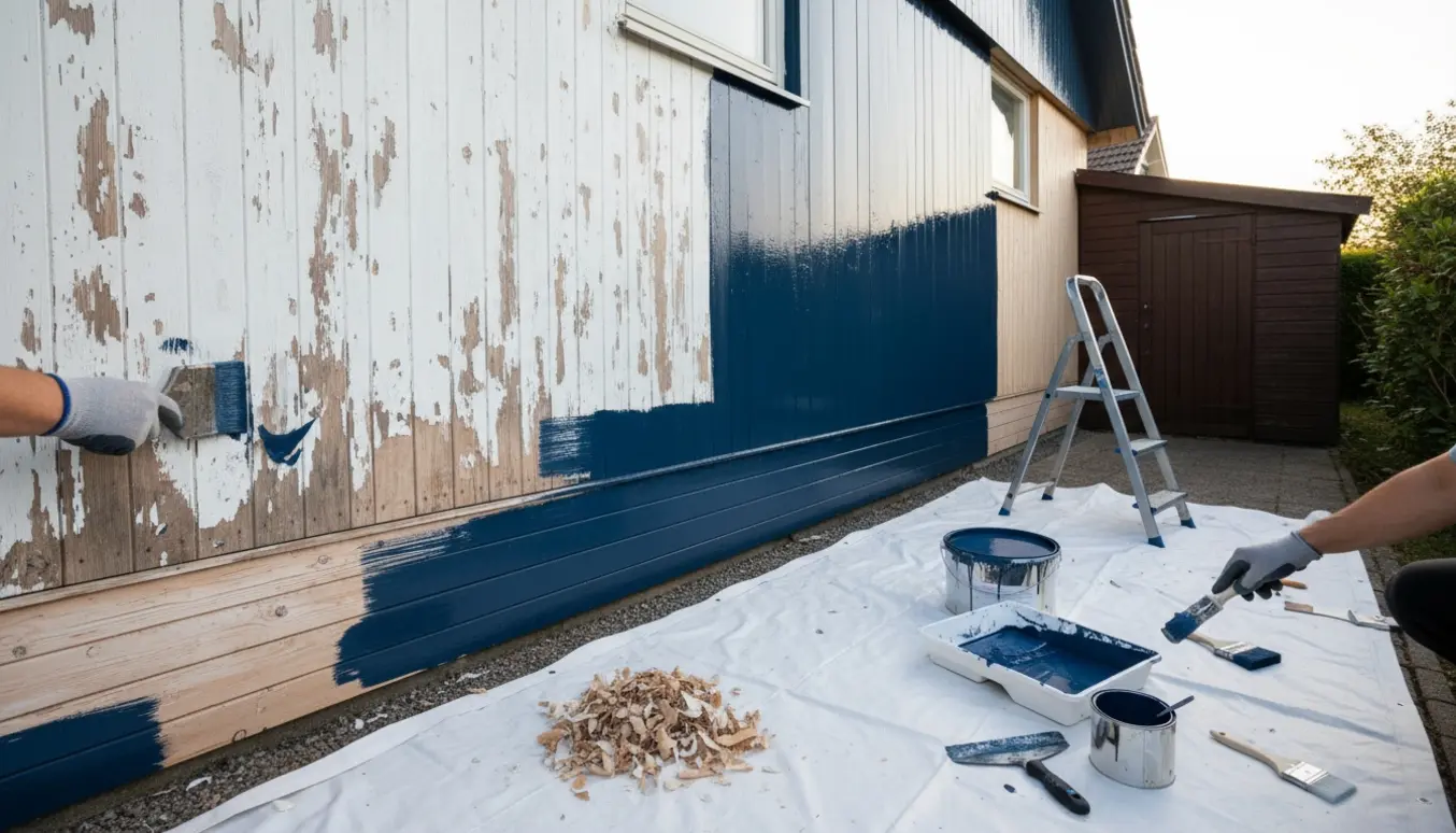 Hjørne af et enplans hus med vindskeder, den ene side afskrabt og den anden nyligt malet, med værktøj og stige i forgrunden.
