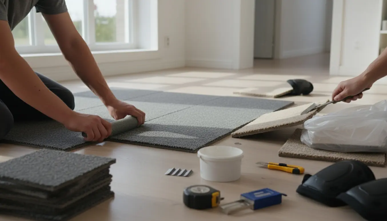Hænder monterer 50x50 cm tæppefliser i en lys stue, med gamle fliser i en sæk ved siden af.