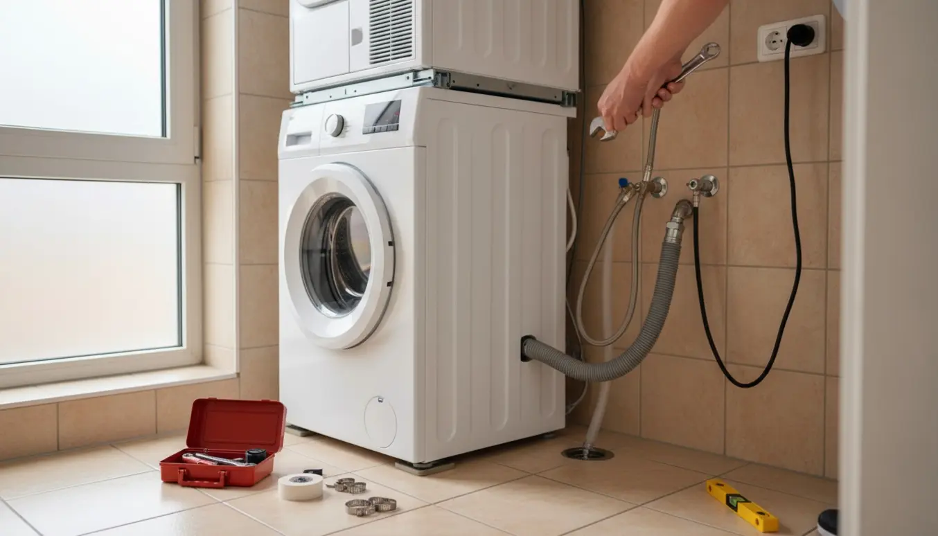 Hænder tilslutter vandslanger til en vaskemaskine med kondenstørretumbler stablet ovenpå i et flisebadeværelse.