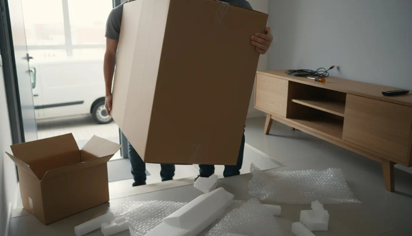 To personer bærer et stort fladskærms-tv op ad en kort trappe og pakker det ud i en lys lejlighed.