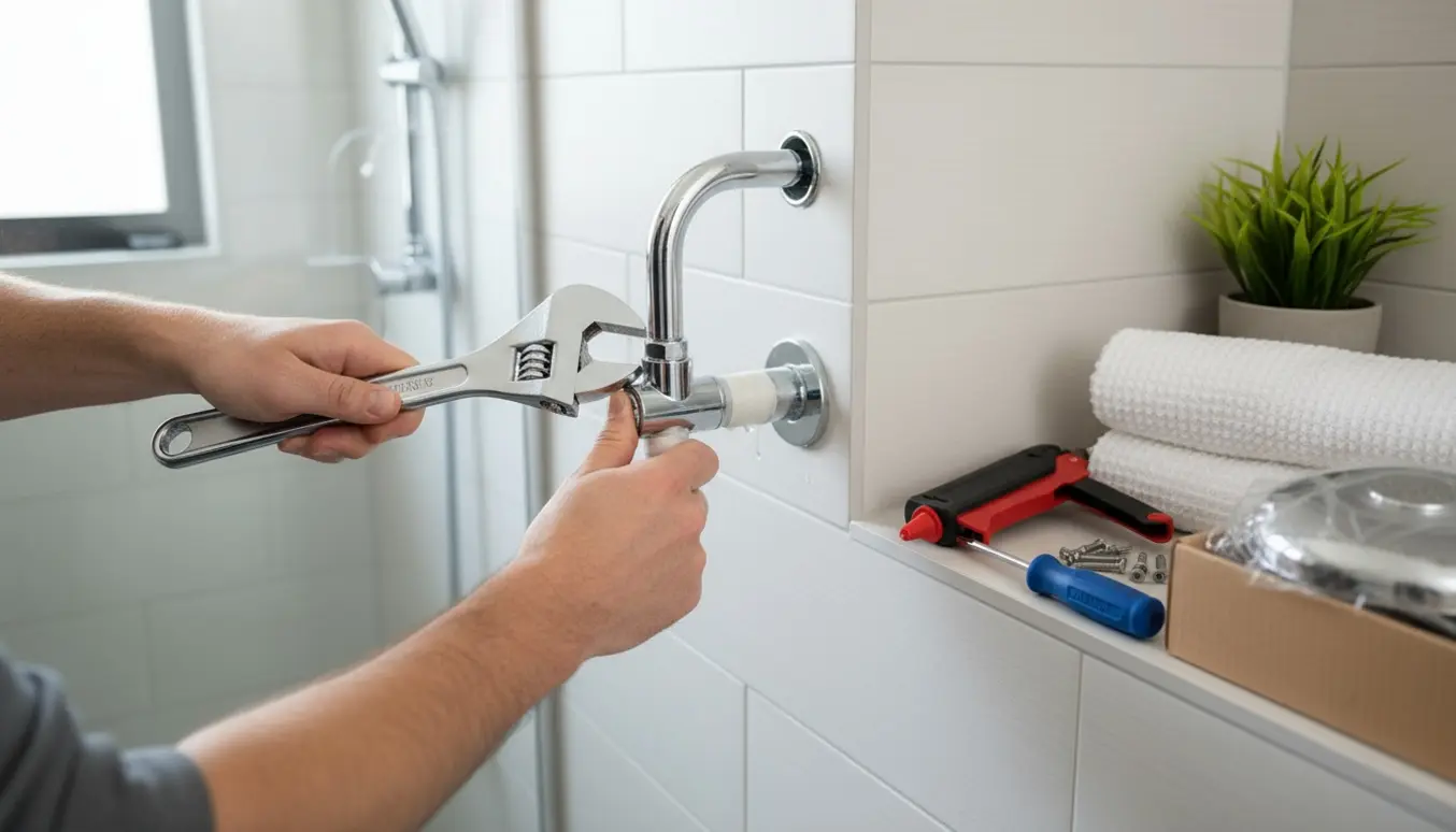 Nærbillede af hænder, der monterer nyt krom brusearmatur på flisevæg i et lyst badeværelse.