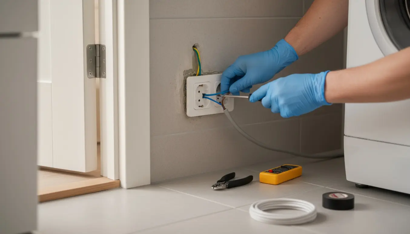 Handskerede hænder tilslutter blå, brun og gul/grøn ledning til et nyt stikkontakt i et badeværelseshjørne bag en vaskemaskine.